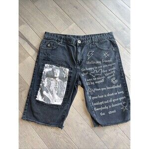 DNM Collection Men’s Distressed Graphic Black Short Jeans Size 40